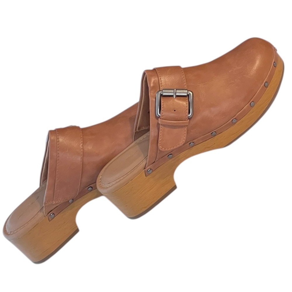 Universal Thread‎ Tan Brown Leather Clogs Women's Size 9 Block Heel Buckle Mules - Picture 7 of 12